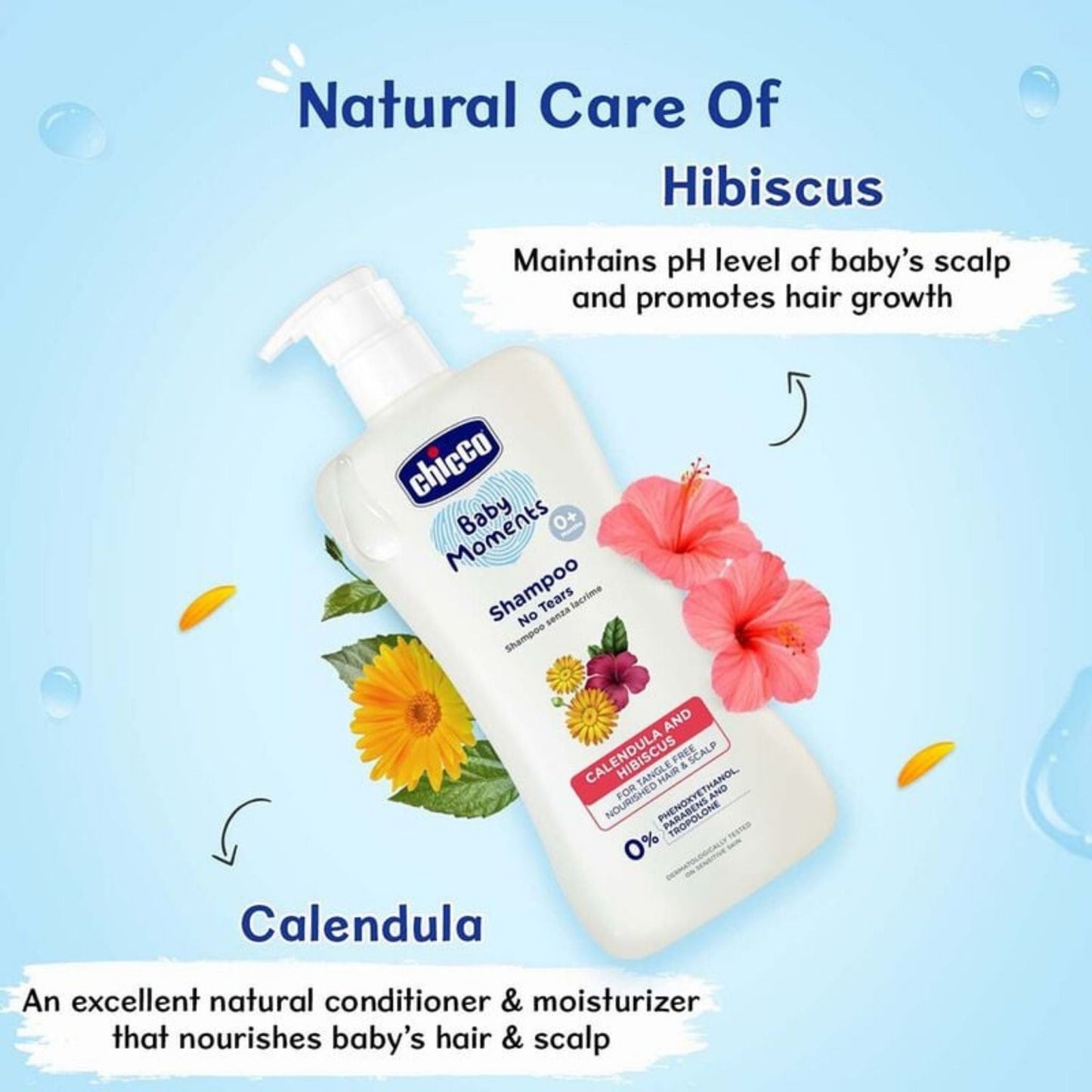 Chicco Baby Moments Tear-Free Shampoo 500ml Calendula & Hibiscus – Natural, No Parabens or Phenoxyethanol, For Smooth, Tangle-Free Hair