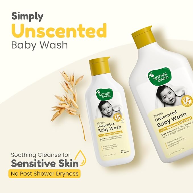 Mother Sparsh Simply Unscented Baby Wash, Natural Oatmeal, Fragrance Free, Tear Free, 400ml