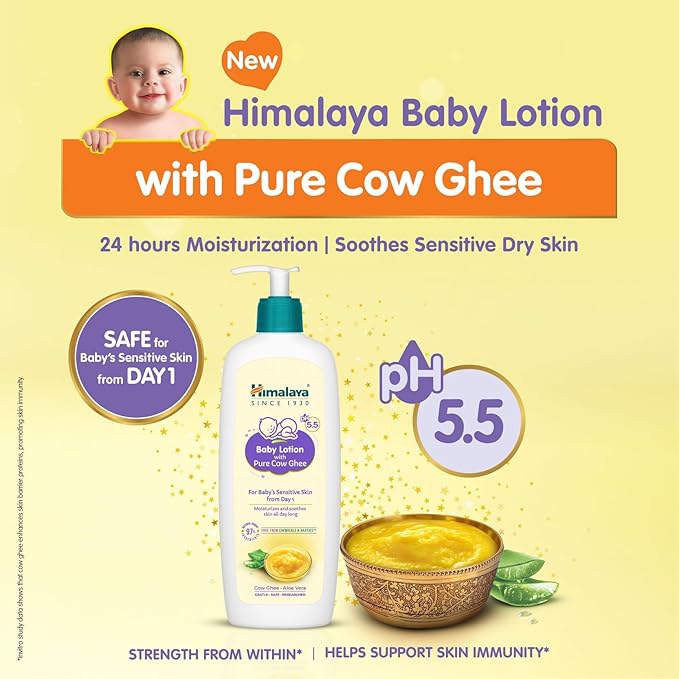 Himalaya Baby Lotion, Pure Cow Ghee & Aloe Vera, pH 5.5, Safe for Newborns & Sensitive Skin, No Parabens/Phthalates/Mineral Oil/Synthetic Color, Dermatologically Tested, 400ml