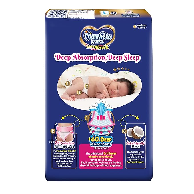 MamyPoko Pants Extra Absorb Baby Diapers, (L Size) 9-14 kg, 48 Count