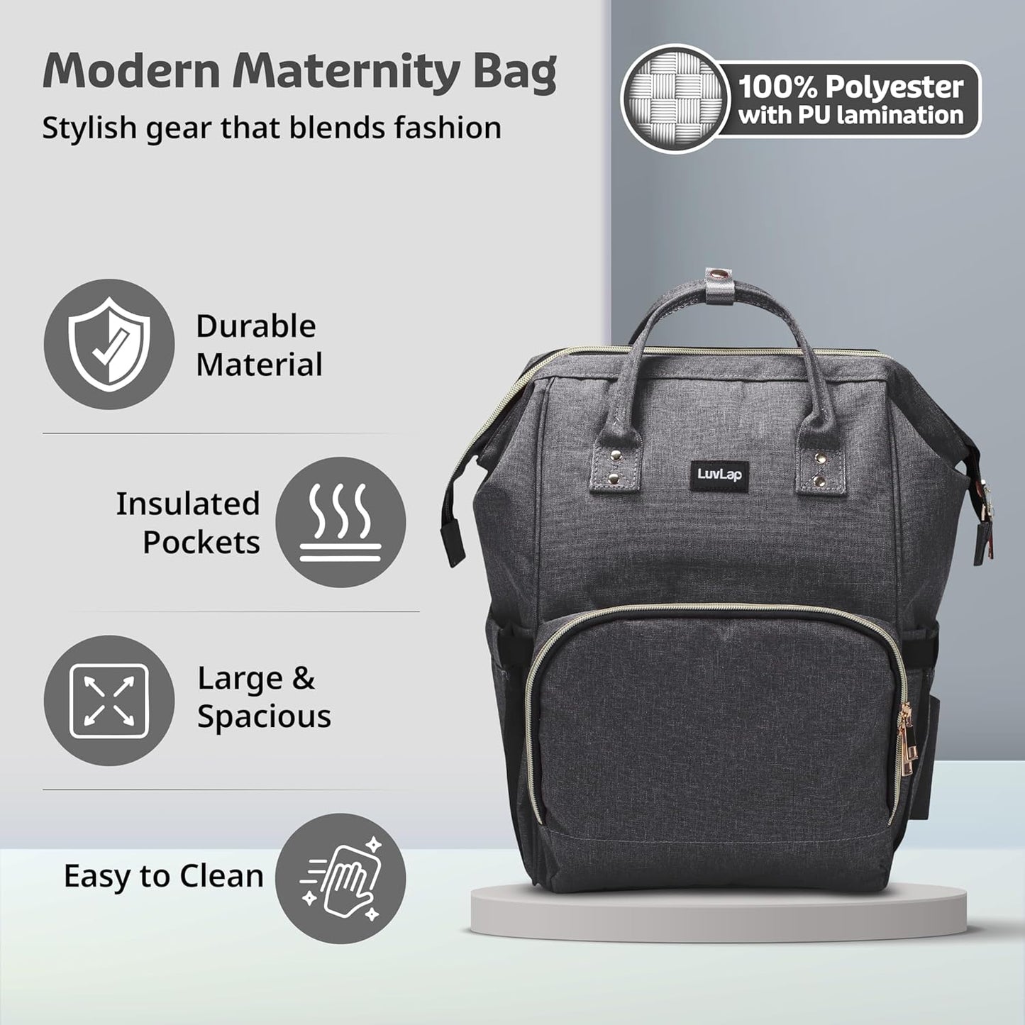 LuvLap Lily Waterproof Diaper Bag – Multifunctional Travel Backpack Cum Tote Bag (Grey)