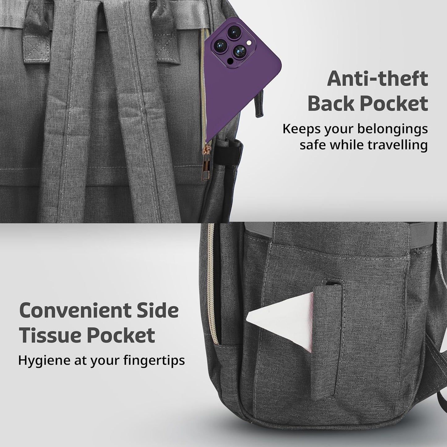 LuvLap Lily Waterproof Diaper Bag – Multifunctional Travel Backpack Cum Tote Bag (Grey)