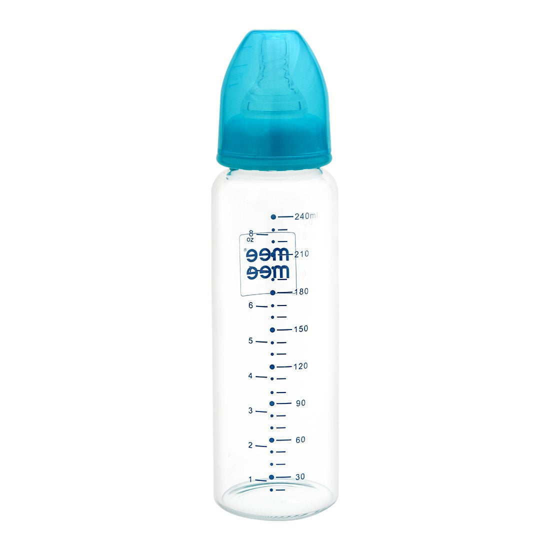 Mee Mee Premium Glass Feeding Bottle 240ml – Eazy-Flow, Anti-Colic Valve, Anti-Slip, BPA-Free (Blue)