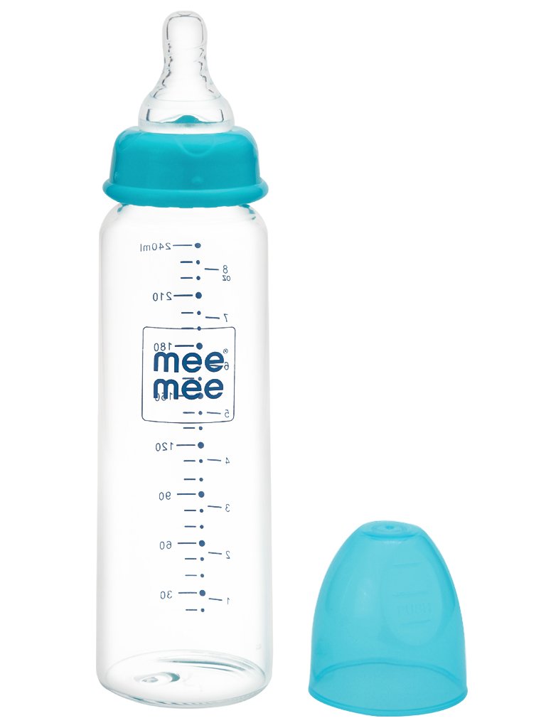Mee Mee Premium Glass Feeding Bottle 240ml – Eazy-Flow, Anti-Colic Valve, Anti-Slip, BPA-Free (Blue)