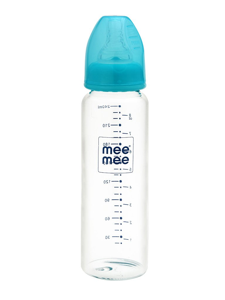 Mee Mee Premium Glass Feeding Bottle 240ml – Eazy-Flow, Anti-Colic Valve, Anti-Slip, BPA-Free (Blue)