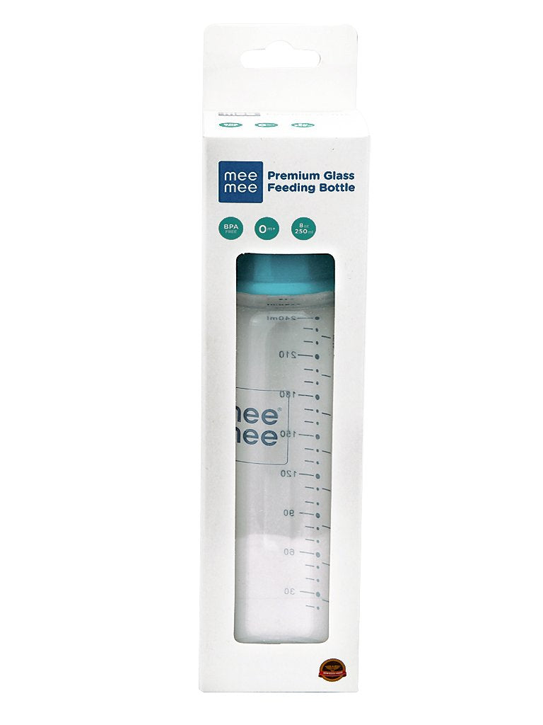 Mee Mee Premium Glass Feeding Bottle 240ml – Eazy-Flow, Anti-Colic Valve, Anti-Slip, BPA-Free (Blue)