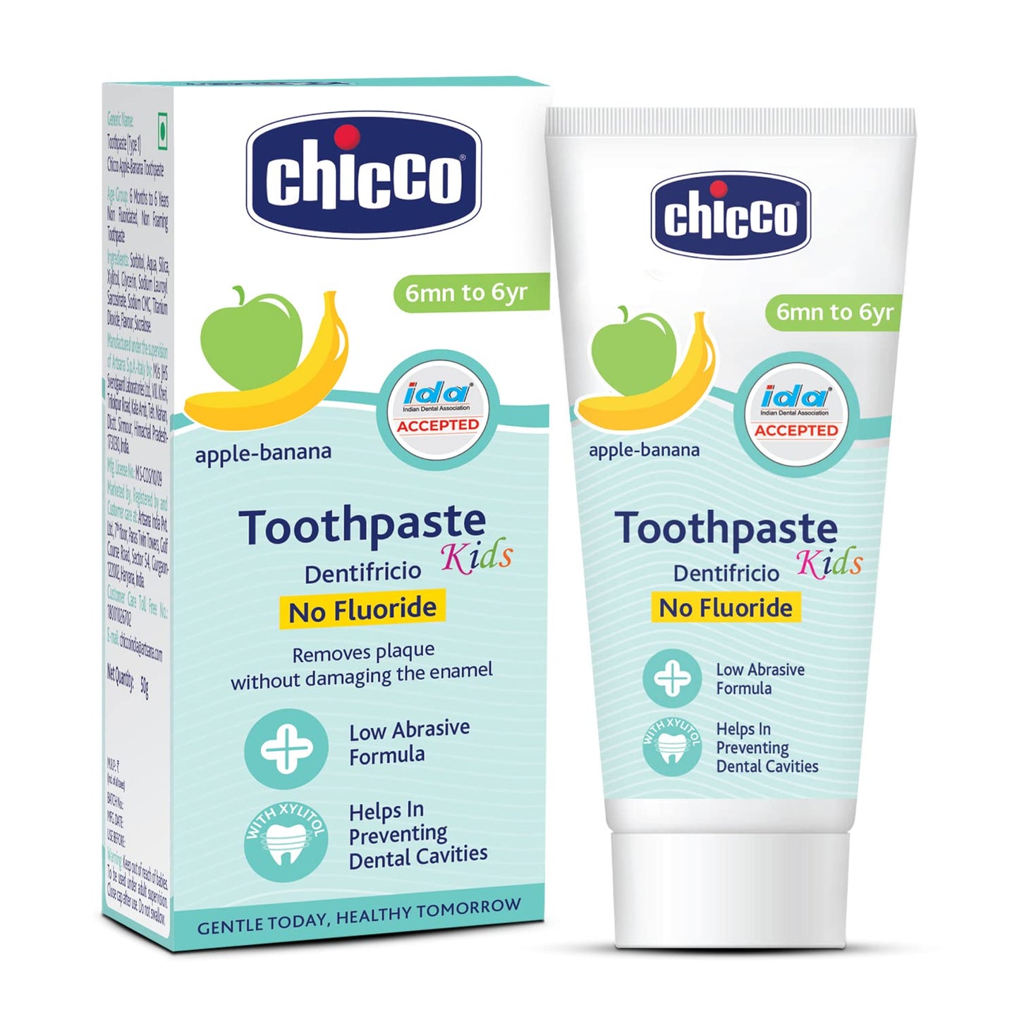 Chicco Kids Toothpaste 50g – Apple Banana Flavour | Safe for Babies & Toddlers (6 Months to 6 Years), Fluoride-Free