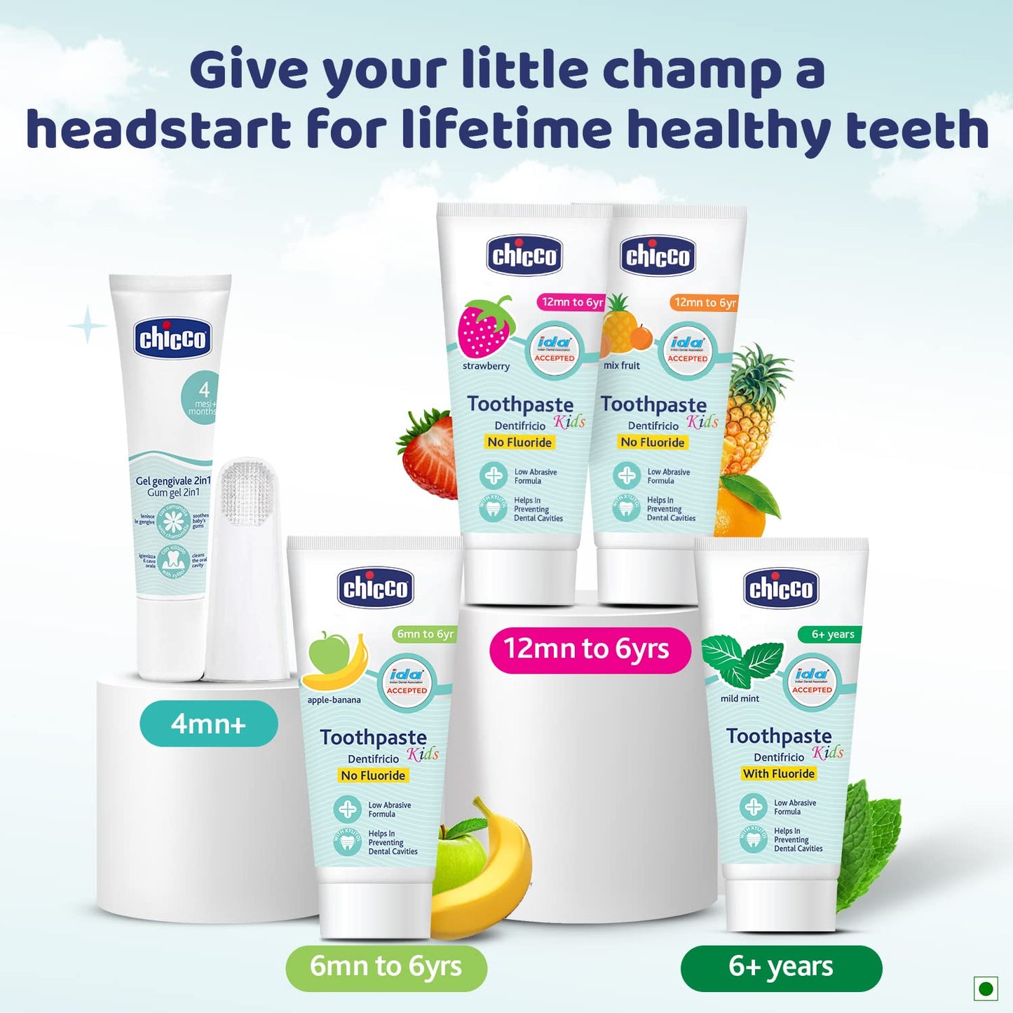Chicco Kids Toothpaste 50g – Apple Banana Flavour | Safe for Babies & Toddlers (6 Months to 6 Years), Fluoride-Free