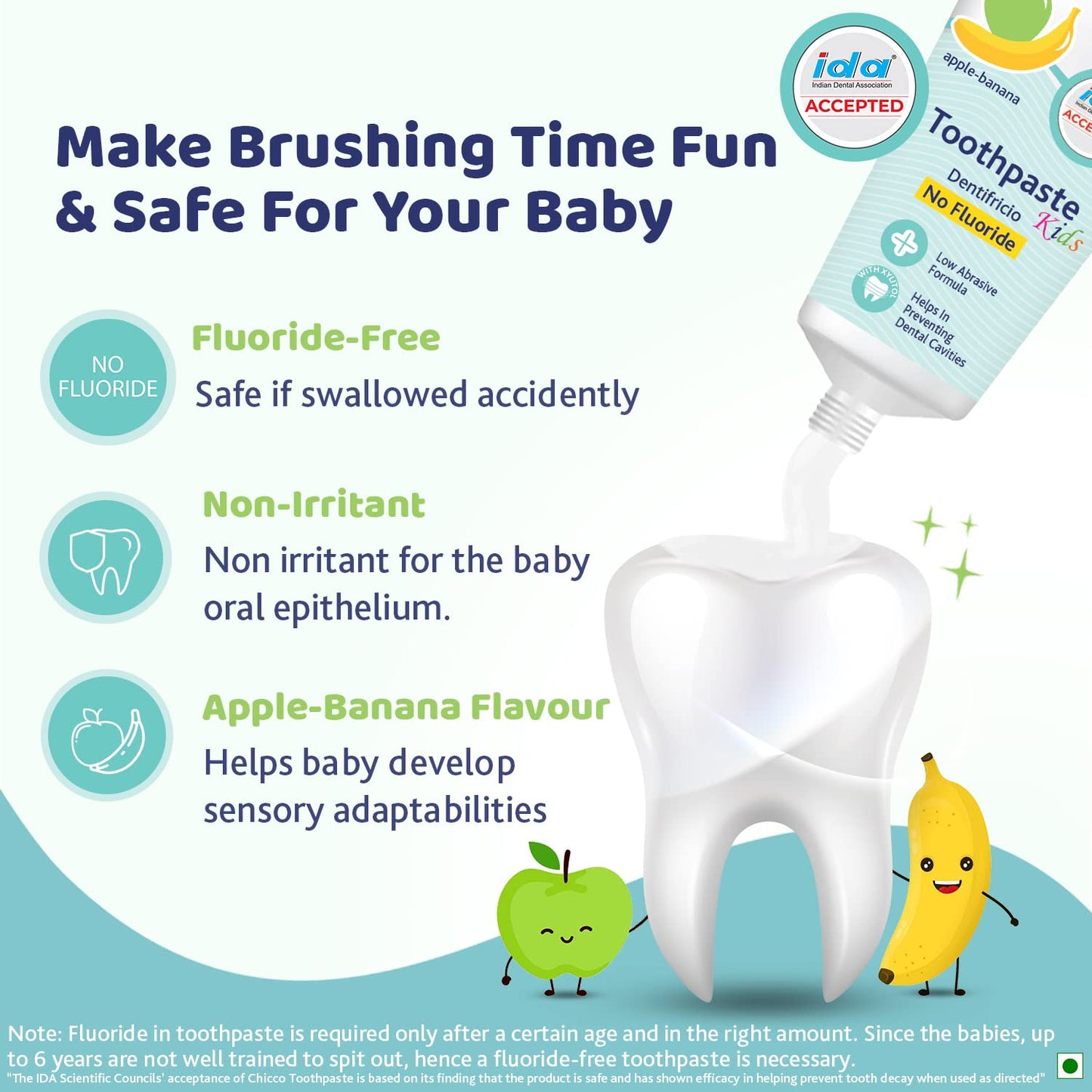 Chicco Kids Toothpaste 50g – Apple Banana Flavour | Safe for Babies & Toddlers (6 Months to 6 Years), Fluoride-Free