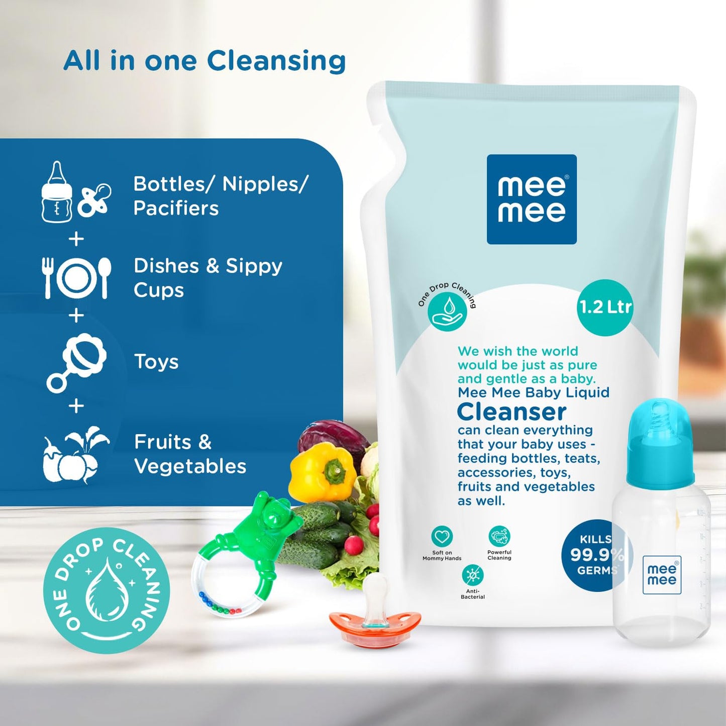 Mee Mee Baby Liquid Cleanser 1L – Anti-Bacterial, Kills 99.9% Germs | No Alcohol | For Bottles, Toys, Fruits & Veggies