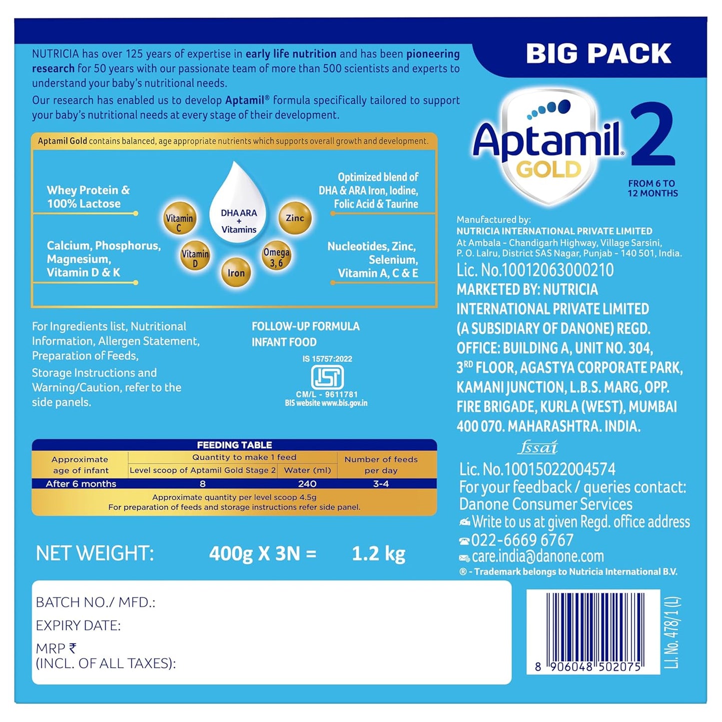 Aptamil Gold Infant Formula Milk Powder for Babies - Stage 1 (Upto 6 Months)