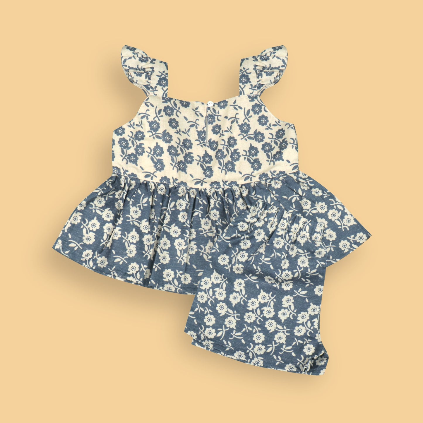DW Navy Blue Cotton Girls Party Set with Sleeveless Square Neck Top and Knee-Length Shorts