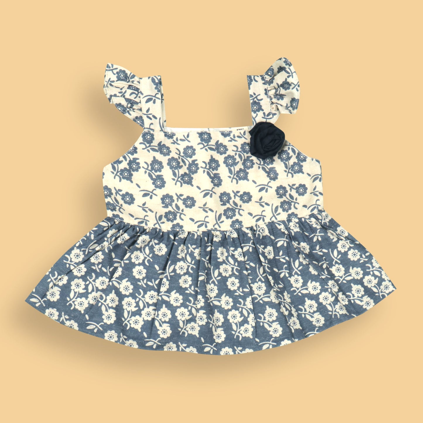 DW Navy Blue Cotton Girls Party Set with Sleeveless Square Neck Top and Knee-Length Shorts