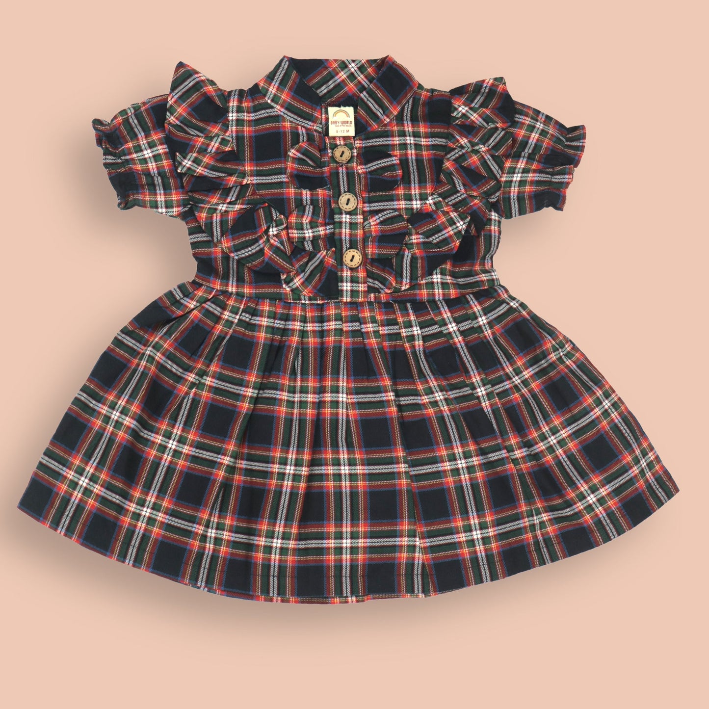 Baby World Navy Blue Cotton One Piece Dress with Mandarin Collar and Half Sleeves