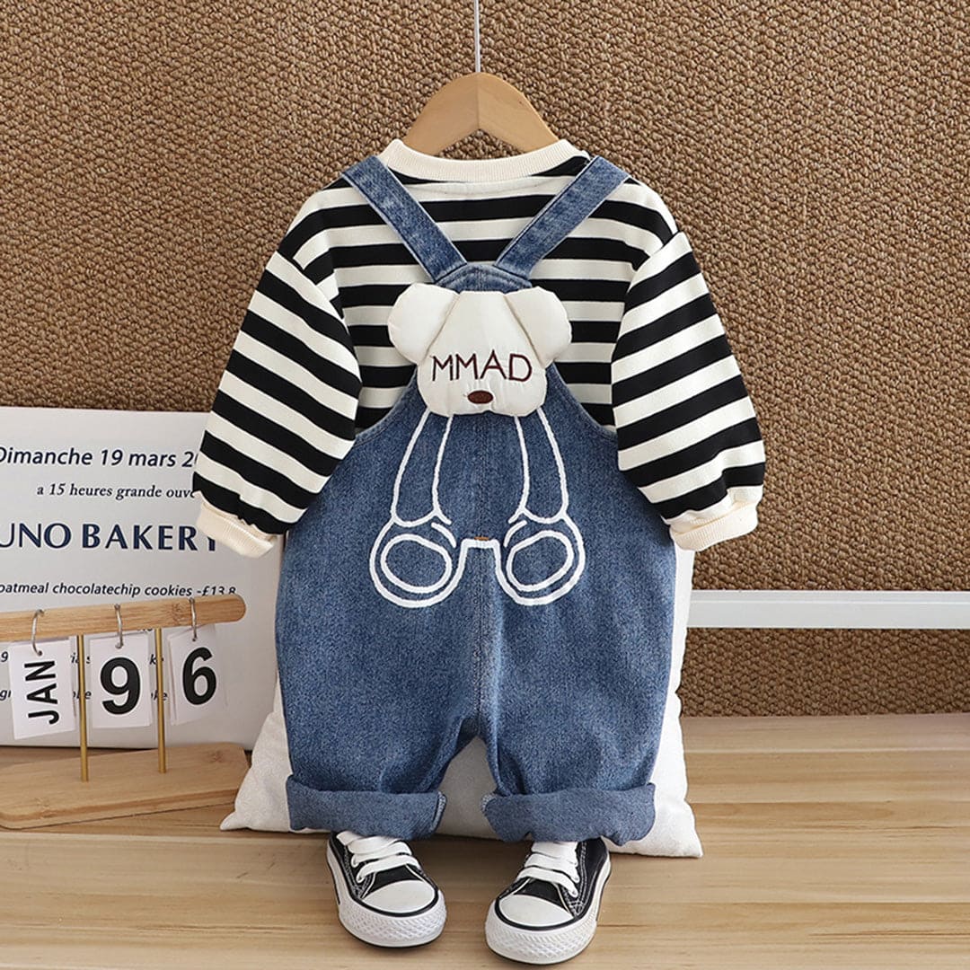 Boys Black Striped Sweatshirt With
Denim Dungaree Set