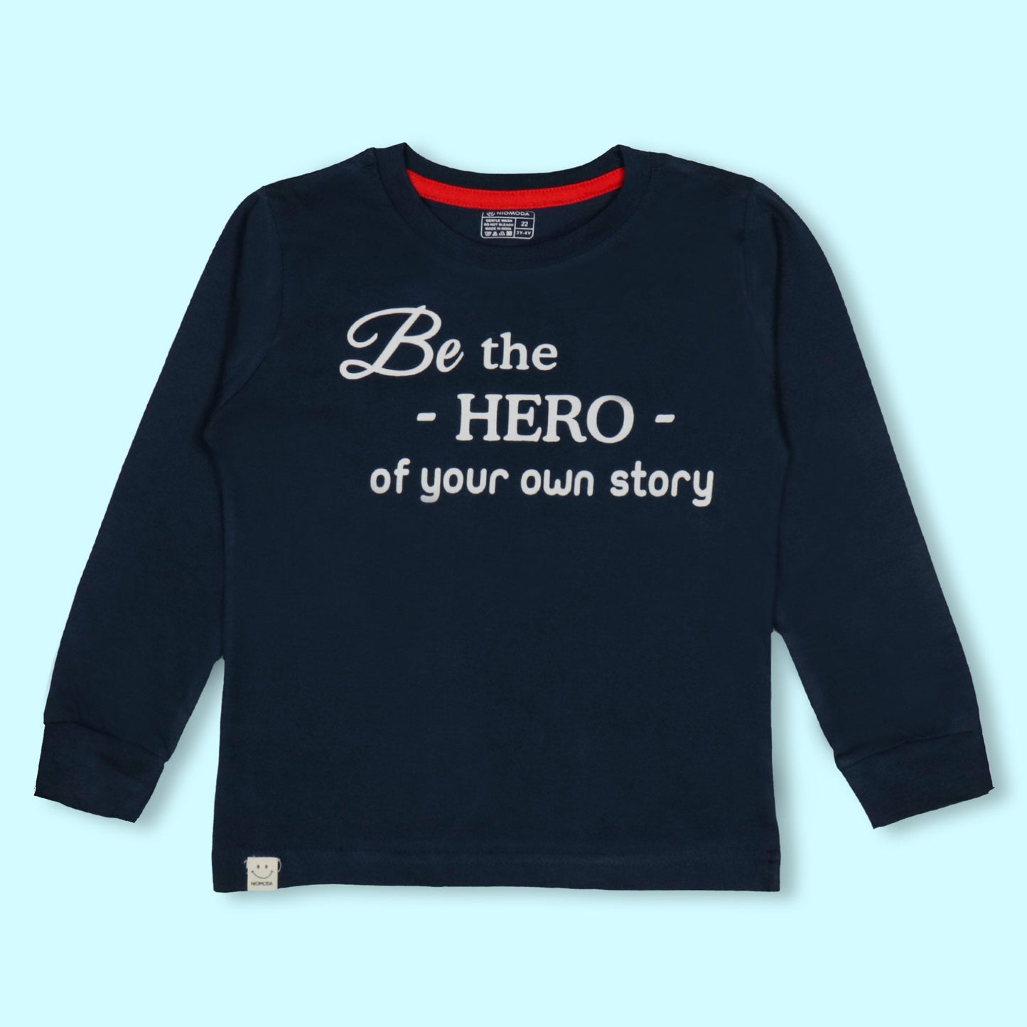NIOMODA Boys’ Warm Essential – Navy Blue Full Sleeve Cotton Tee, Be the Hero of Your Own Story Motivational Print