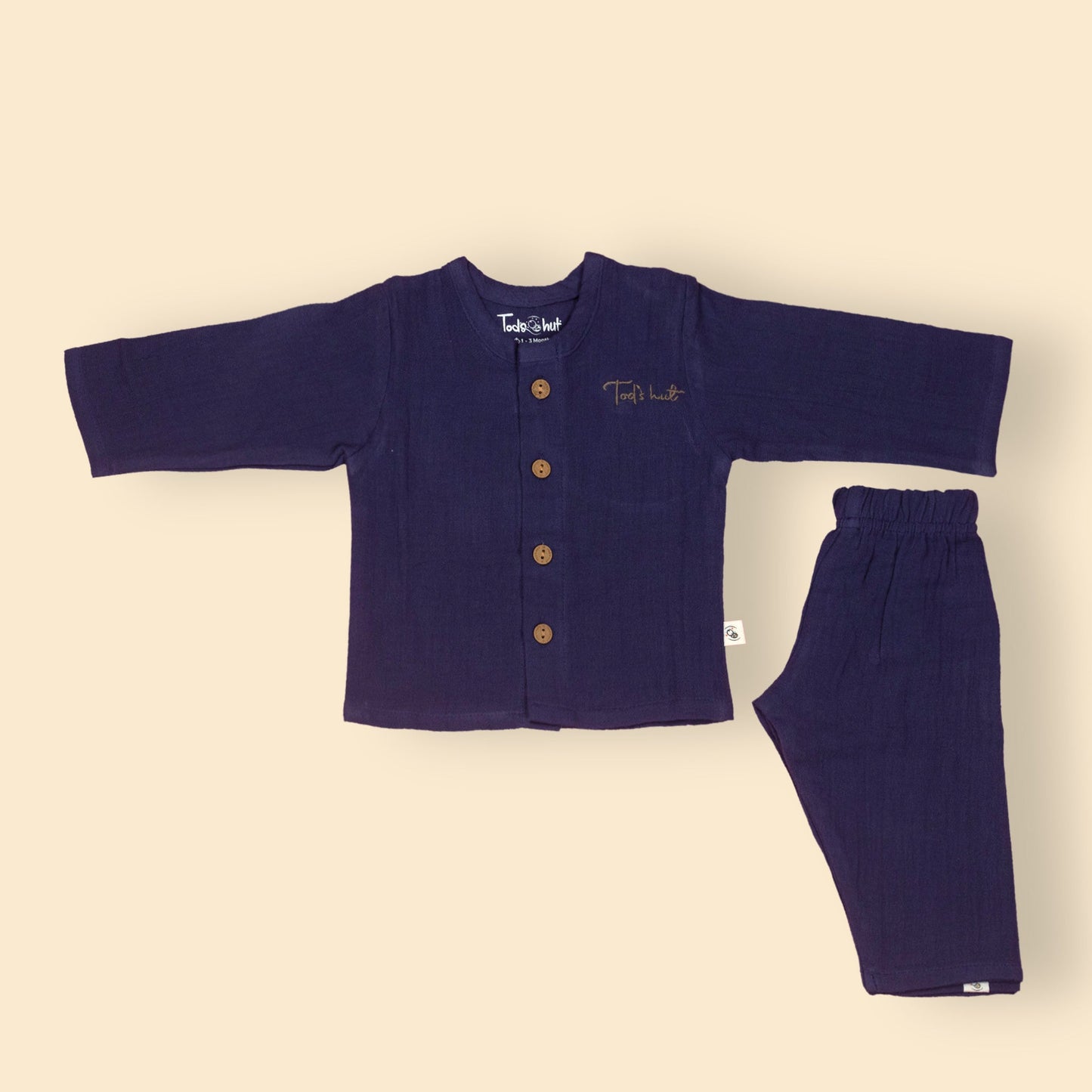 Tod’s Hut Navy Blue Bengaluru Breeze Duo – Playful Muslin Tee & Draw Cord Shorts for Sunny City Strolls