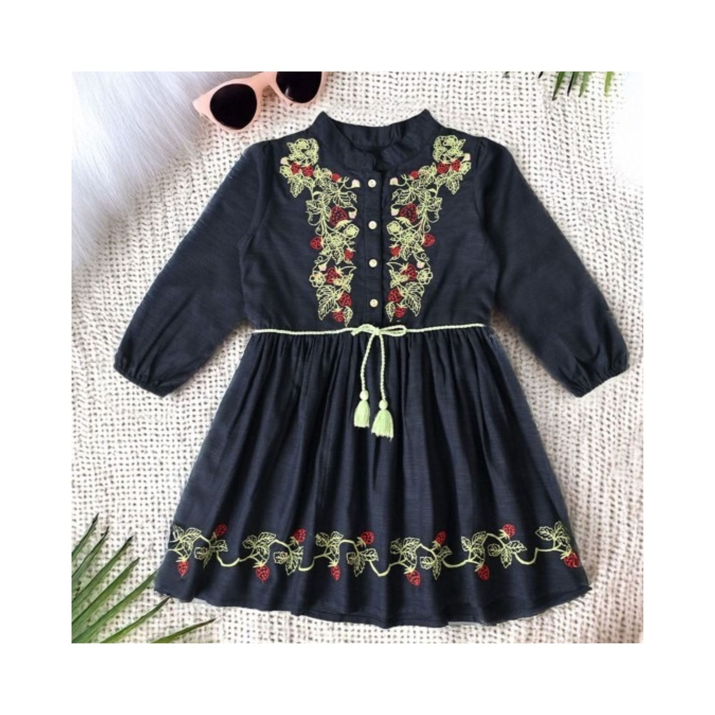 Bella Moda Girls Embroidered Cotton One-Piece Frock – Soft Full Sleeve, Mandarin Collar with Front Buttons – Essential, Smart Outdoor & Festival Wear