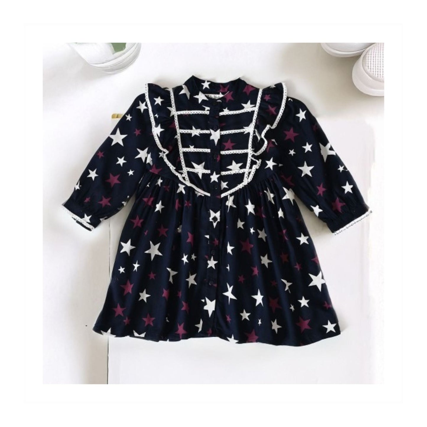 Bella Moda Girls Cotton One-Piece Frock – Soft Full Sleeves, Mandarin Collar with Front Buttons – All-Over Prints for Essentials, Smart Outdoor, Party & Fashion Wear (All Seasons)