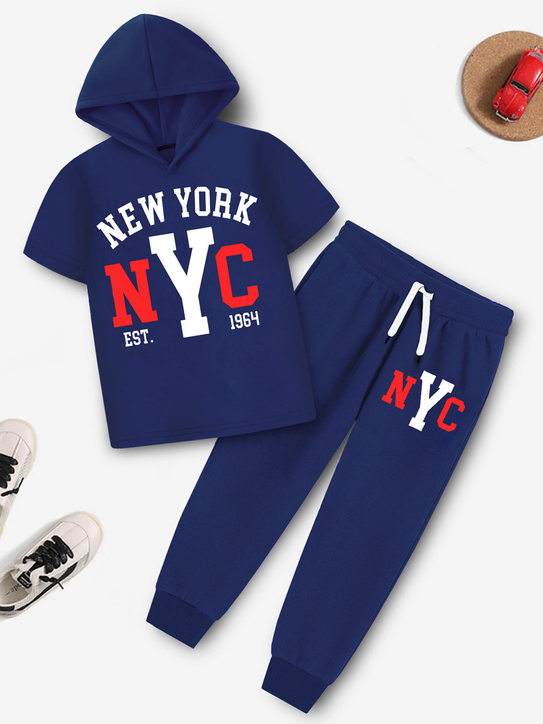 Trampoline Boy's Navy Blue Hooded 'NEW YORK' T-Shirt & Track Pant Set