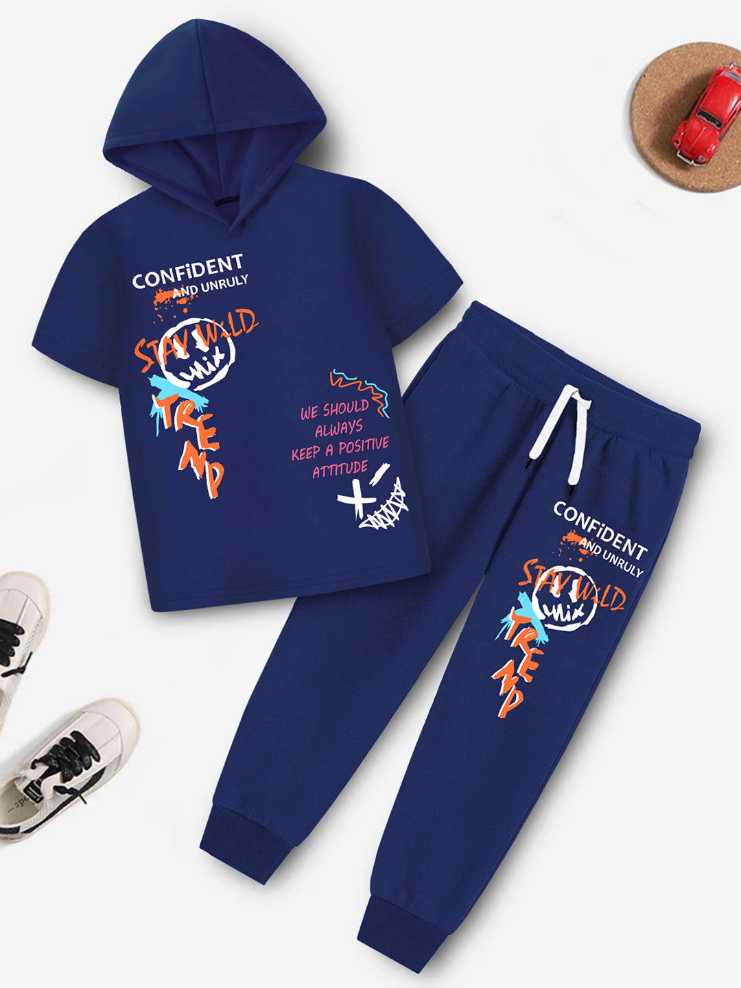 Trampoline Boy's Navy Blue Hooded T-Shirt & Pant Set (Graphic Print)