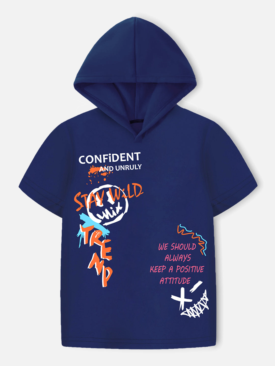 Trampoline Boy's Navy Blue Hooded T-Shirt & Pant Set (Graphic Print)