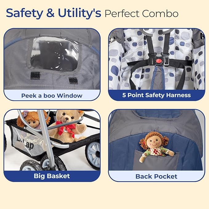 LuvLap Sunshine Baby Stroller/Pram for 0 to 3 Years New Born/Toddler/Kid 5 Point Safety Harness Adjustable backrest 360 Swivel Wheel Large Storage Basket Reversible Handlebar(Navy Blue)