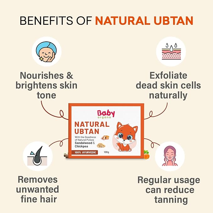 BabyOrgano Natural Ubtan – 100% Tan Removal Bath Powder with Green Gram, Sandalwood & Turmeric for Glowing, Soft Skin – Chemical-Free, FDCA Approved, 100g