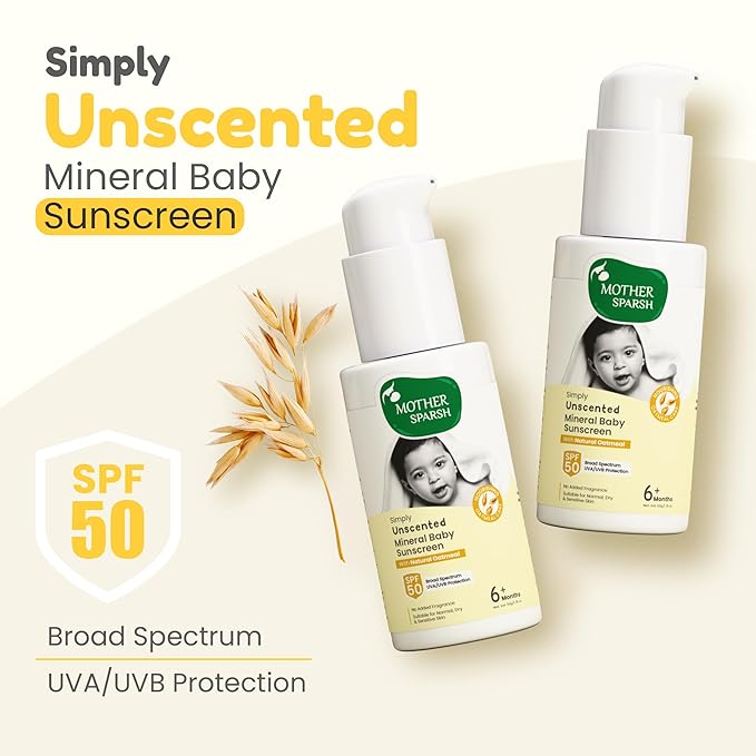 Mother Sparsh Simply Unscented Mineral Baby Sunscreen, Natural Oatmeal, SPF 50, UVA/UVB Protection, Fragrance Free, 50g