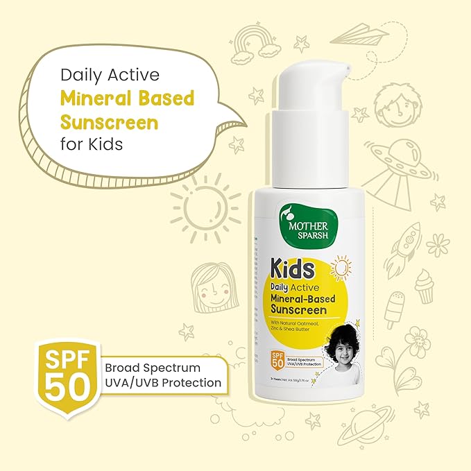 Mother Sparsh Kids & Babies Sunscreen, 50g, Natural Oatmeal & Zinc, SPF 50, Mineral-Based, Broad Spectrum UVA/UVB, Water & Sweat Resistant, 3+ Years