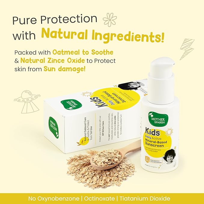 Mother Sparsh Kids & Babies Sunscreen, 50g, Natural Oatmeal & Zinc, SPF 50, Mineral-Based, Broad Spectrum UVA/UVB, Water & Sweat Resistant, 3+ Years