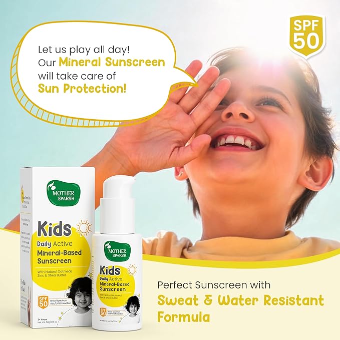 Mother Sparsh Kids & Babies Sunscreen, 50g, Natural Oatmeal & Zinc, SPF 50, Mineral-Based, Broad Spectrum UVA/UVB, Water & Sweat Resistant, 3+ Years