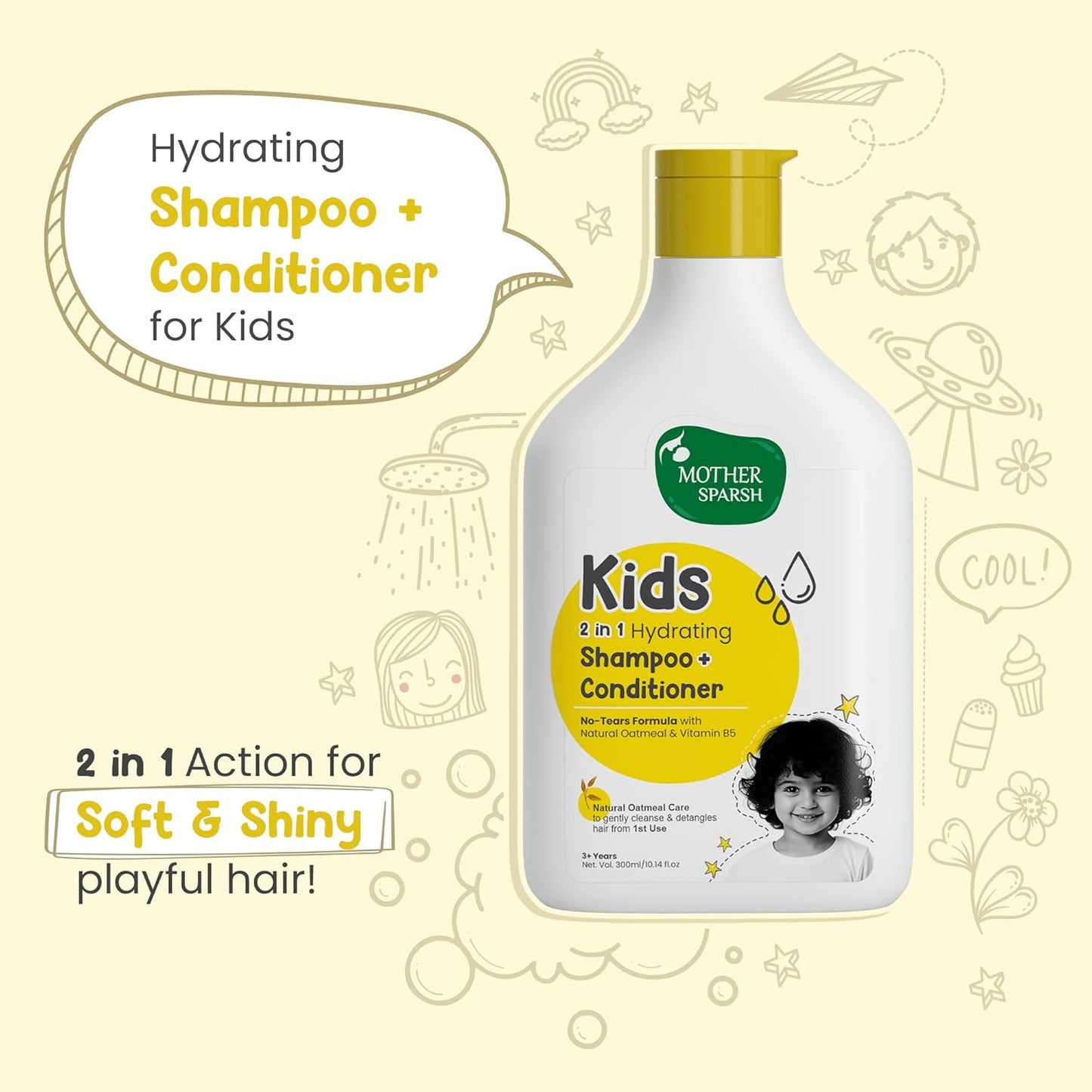 Mother Sparsh 2 In 1 Hydrating Shampoo + Conditioner -Tear Free Shampoo & Conditioner With Natural Oatmeal & Vitamin B5 for Kids & Babies-300ml