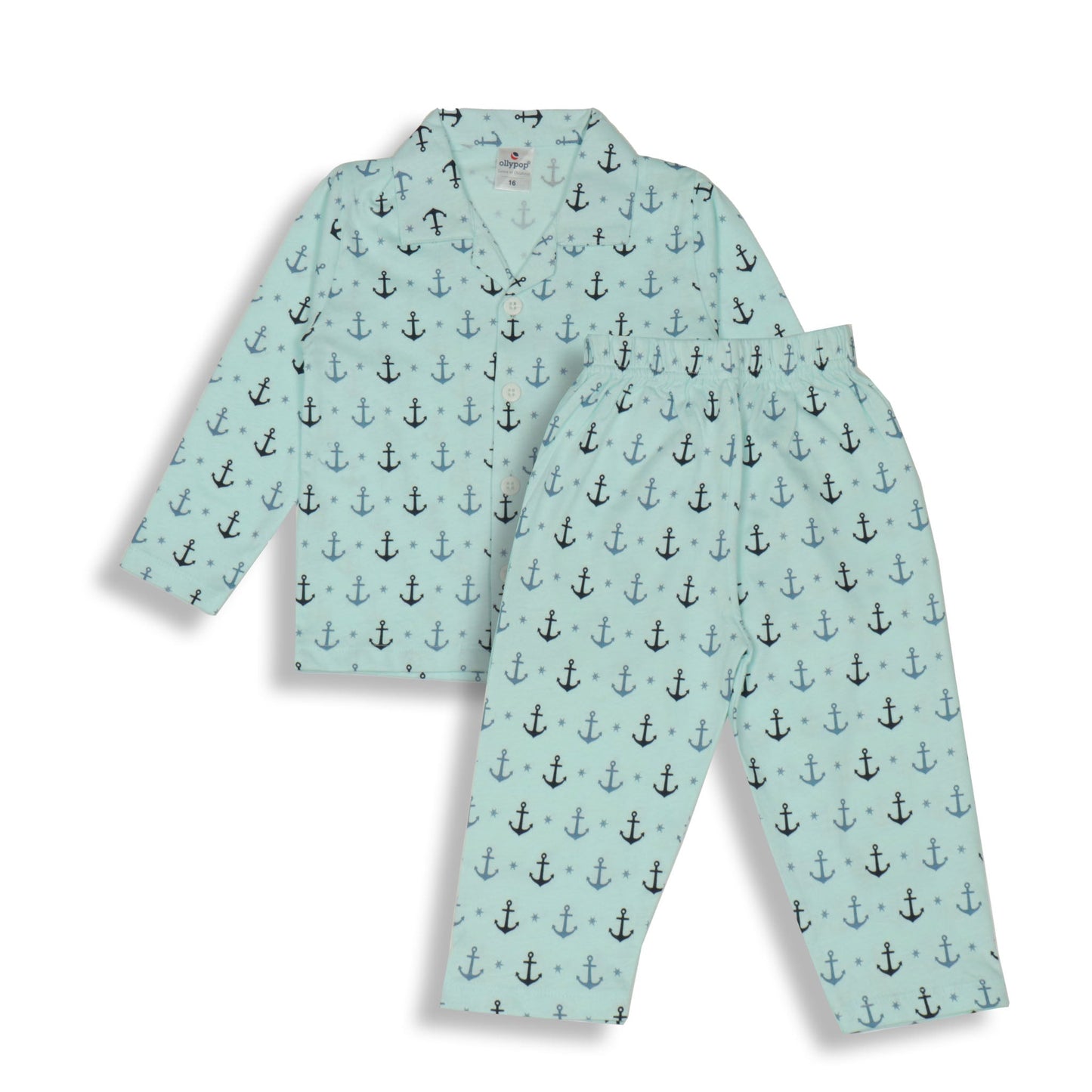 Cute Ollypop Baby Pink Sinker Knit Night Suit in Nautical Theme – Full Sleeves, Front Open, Anchors Print
