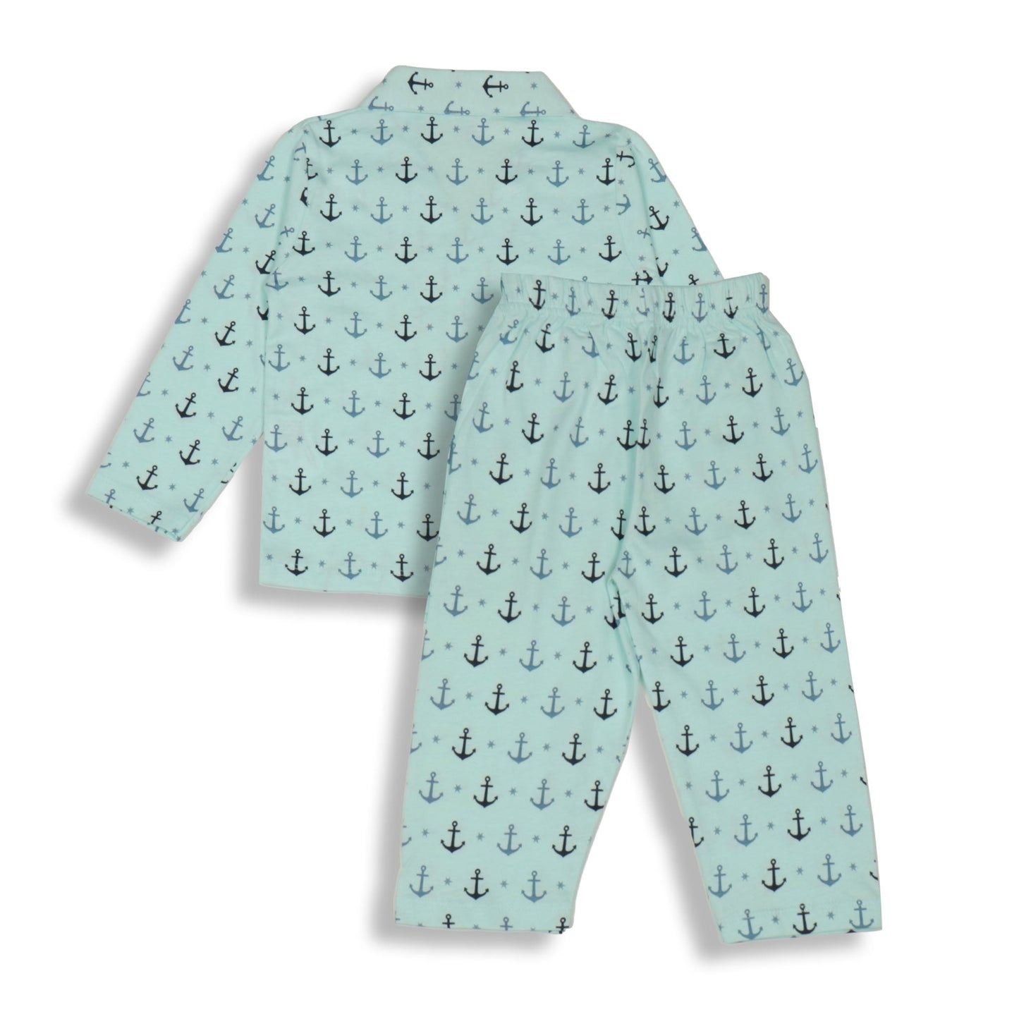 Cute Ollypop Baby Pink Sinker Knit Night Suit in Nautical Theme – Full Sleeves, Front Open, Anchors Print