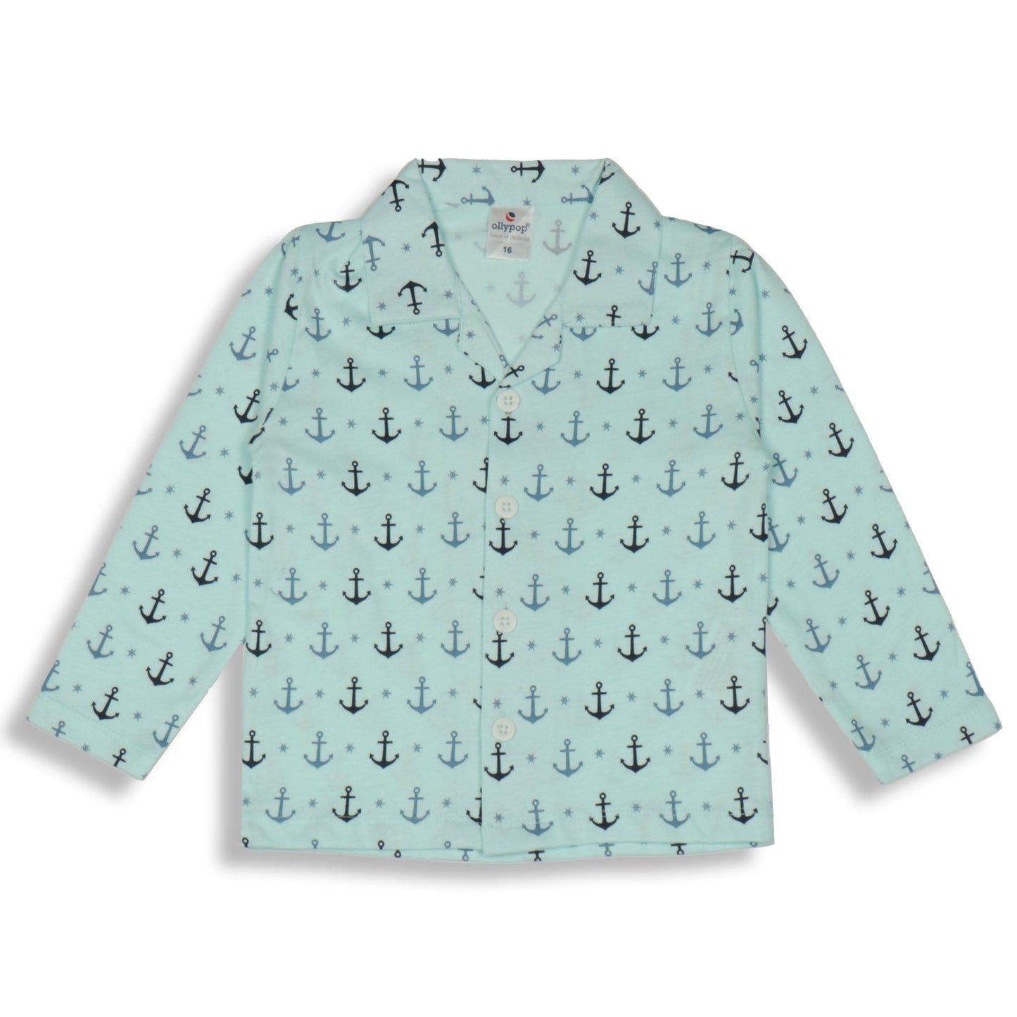 Cute Ollypop Baby Pink Sinker Knit Night Suit in Nautical Theme – Full Sleeves, Front Open, Anchors Print