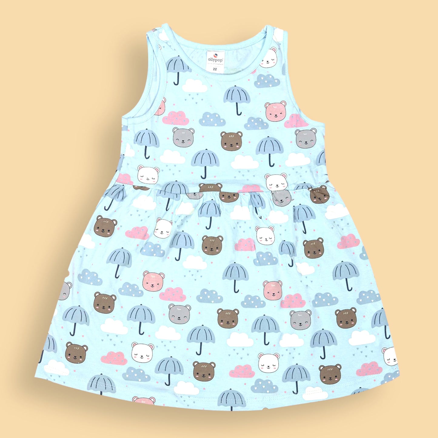 Ollypop Girls’ Light/Sky Blue Sleeveless Frock – Comfort+ Cotton One-Piece with Rainy Animated Teddy Bear Print