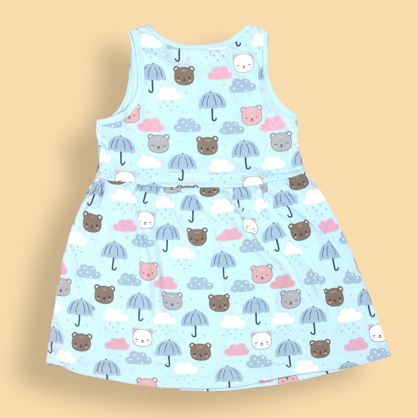 Ollypop Girls’ Light/Sky Blue Sleeveless Frock – Comfort+ Cotton One-Piece with Rainy Animated Teddy Bear Print