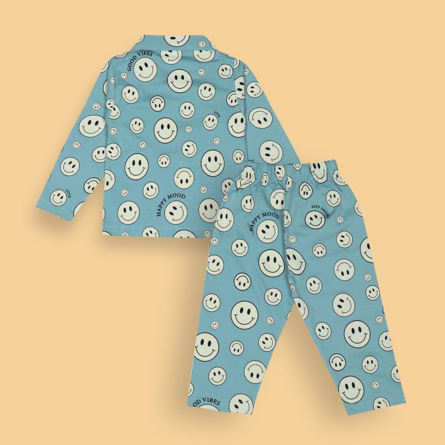 Ollypop Unisex Light Blue Full Sleeve Smiley Print Night Suit with Full Length Pyjamas