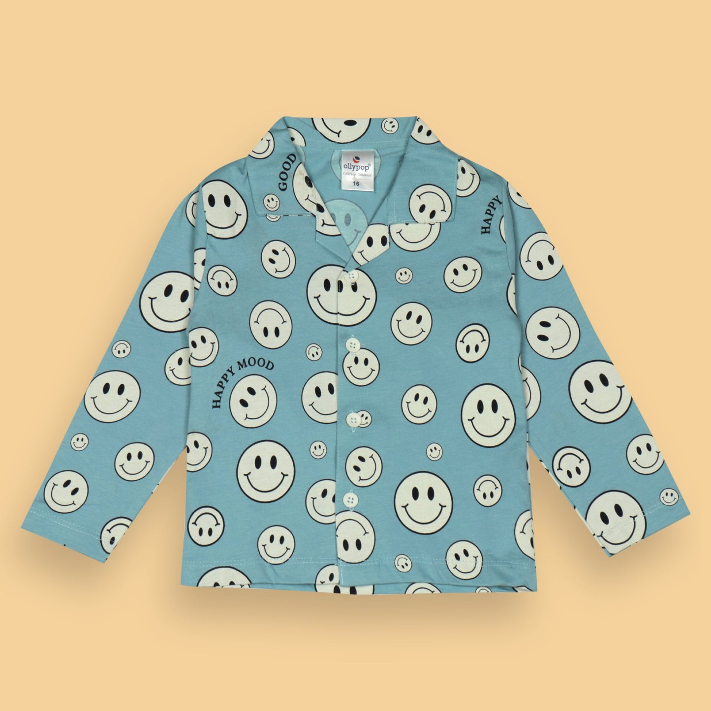 Ollypop Unisex Light Blue Full Sleeve Smiley Print Night Suit with Full Length Pyjamas