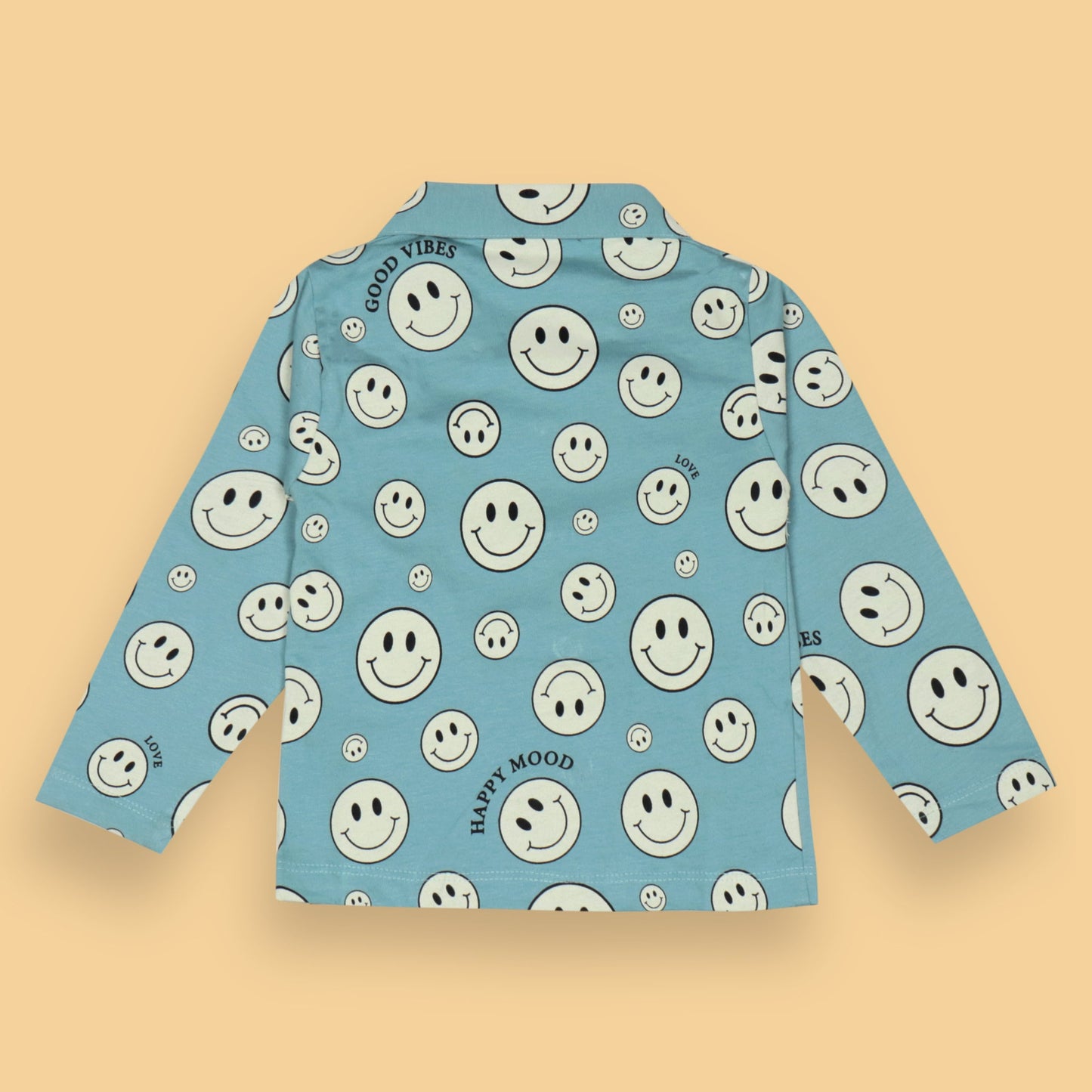 Ollypop Unisex Light Blue Full Sleeve Smiley Print Night Suit with Full Length Pyjamas