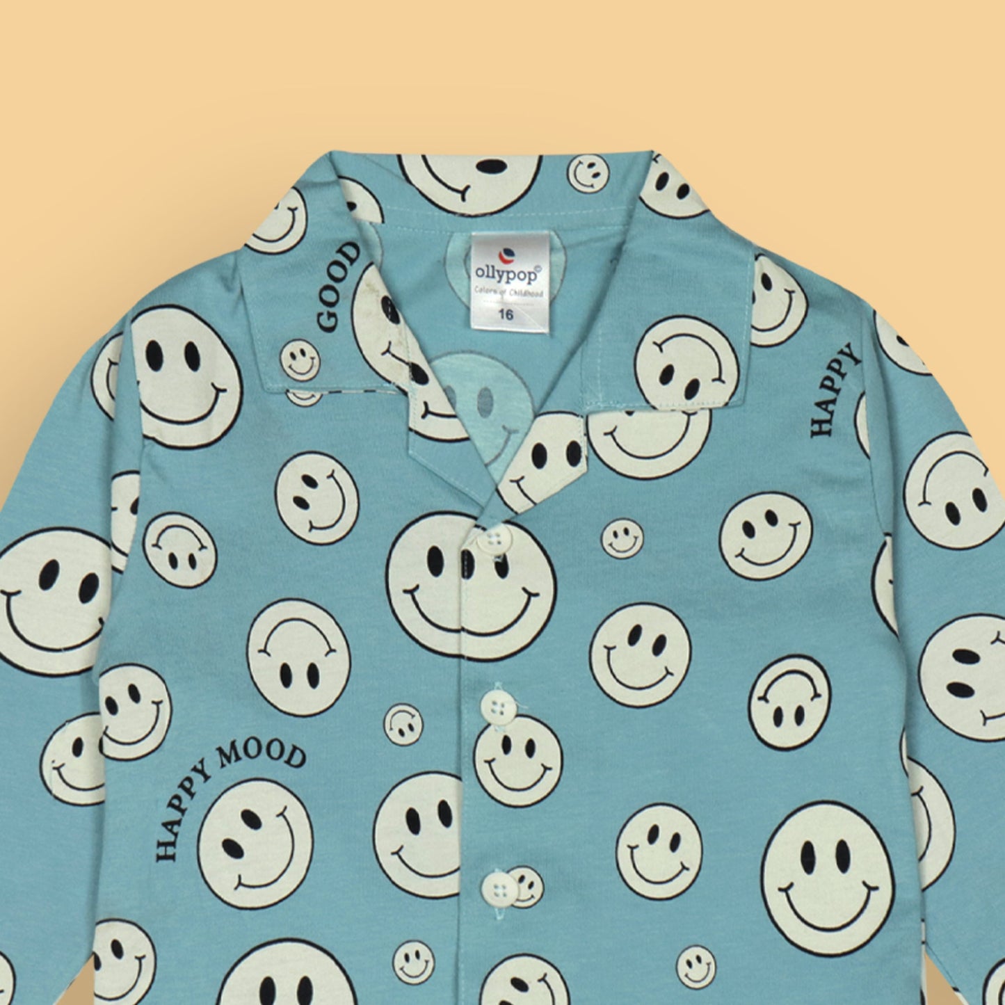 Ollypop Unisex Light Blue Full Sleeve Smiley Print Night Suit with Full Length Pyjamas