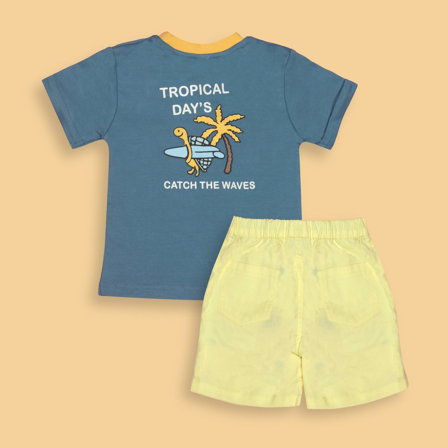 Toffyhouse Soft Touch Boys' Sky Blue Set – Beach Vibes Placement Print Tee with Front Snap Buttons & Elasticated Waist Shorts