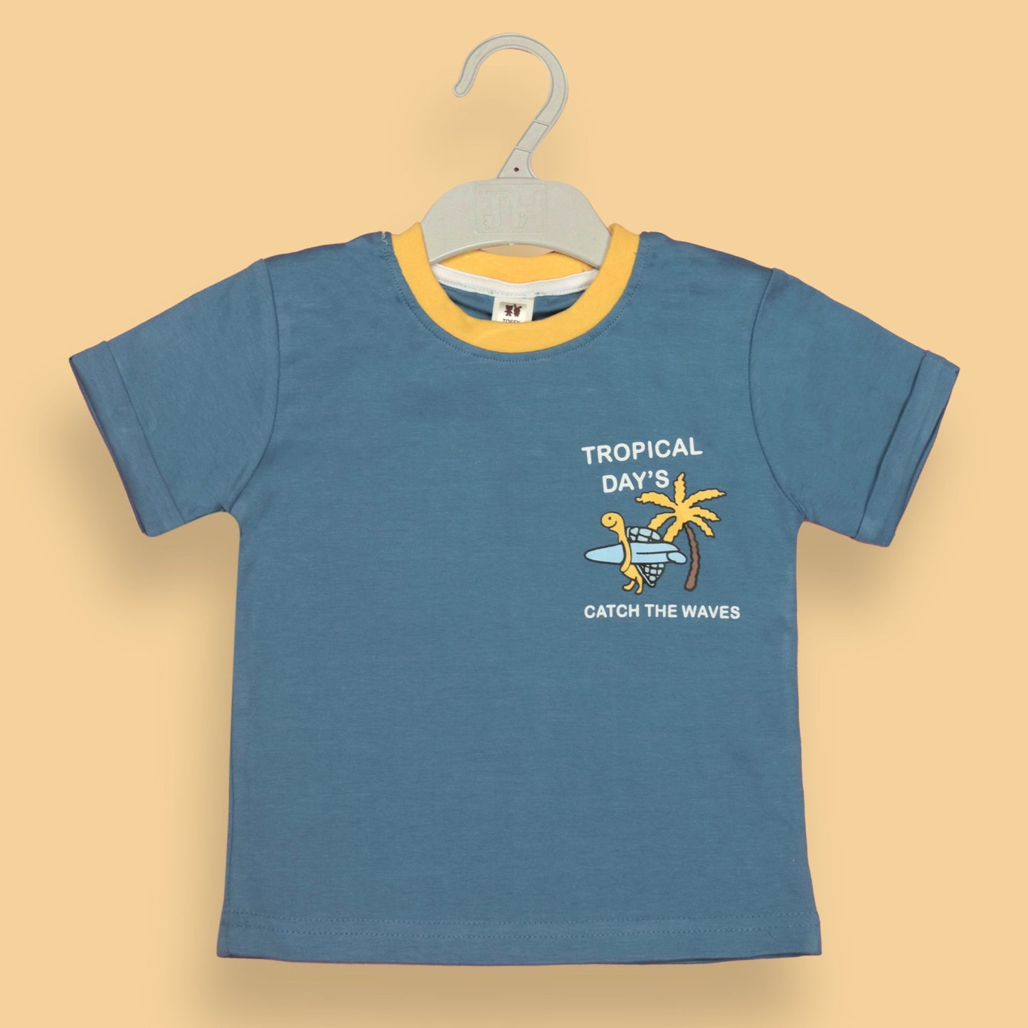 Toffyhouse Soft Touch Boys' Sky Blue Set – Beach Vibes Placement Print Tee with Front Snap Buttons & Elasticated Waist Shorts