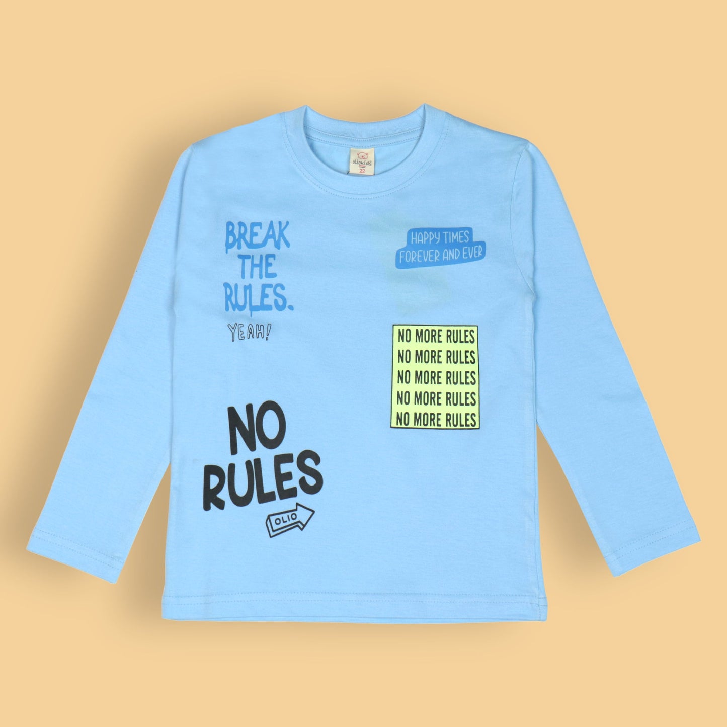 Light Blue ‘Break the Rules’ Tee – OlioKids Boys’ Full Sleeves, Happy Times Forever Quote, Extra Soft Cotton Style