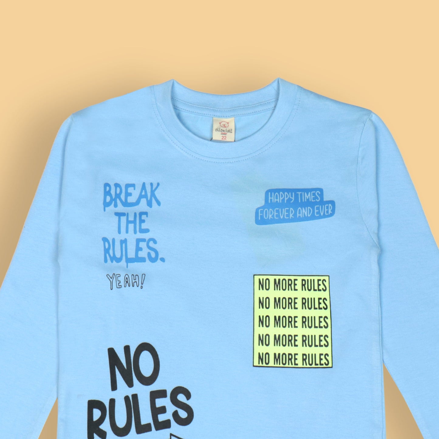 Light Blue ‘Break the Rules’ Tee – OlioKids Boys’ Full Sleeves, Happy Times Forever Quote, Extra Soft Cotton Style