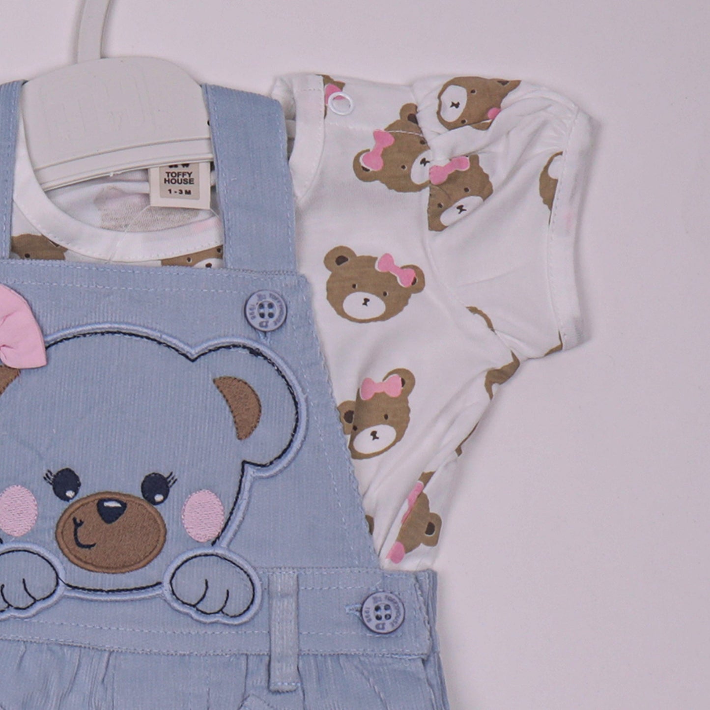 Toffyhouse Light Blue Teddy Bear Print Dungaree Set Half Sleeve Top & Mid Thigh Romper