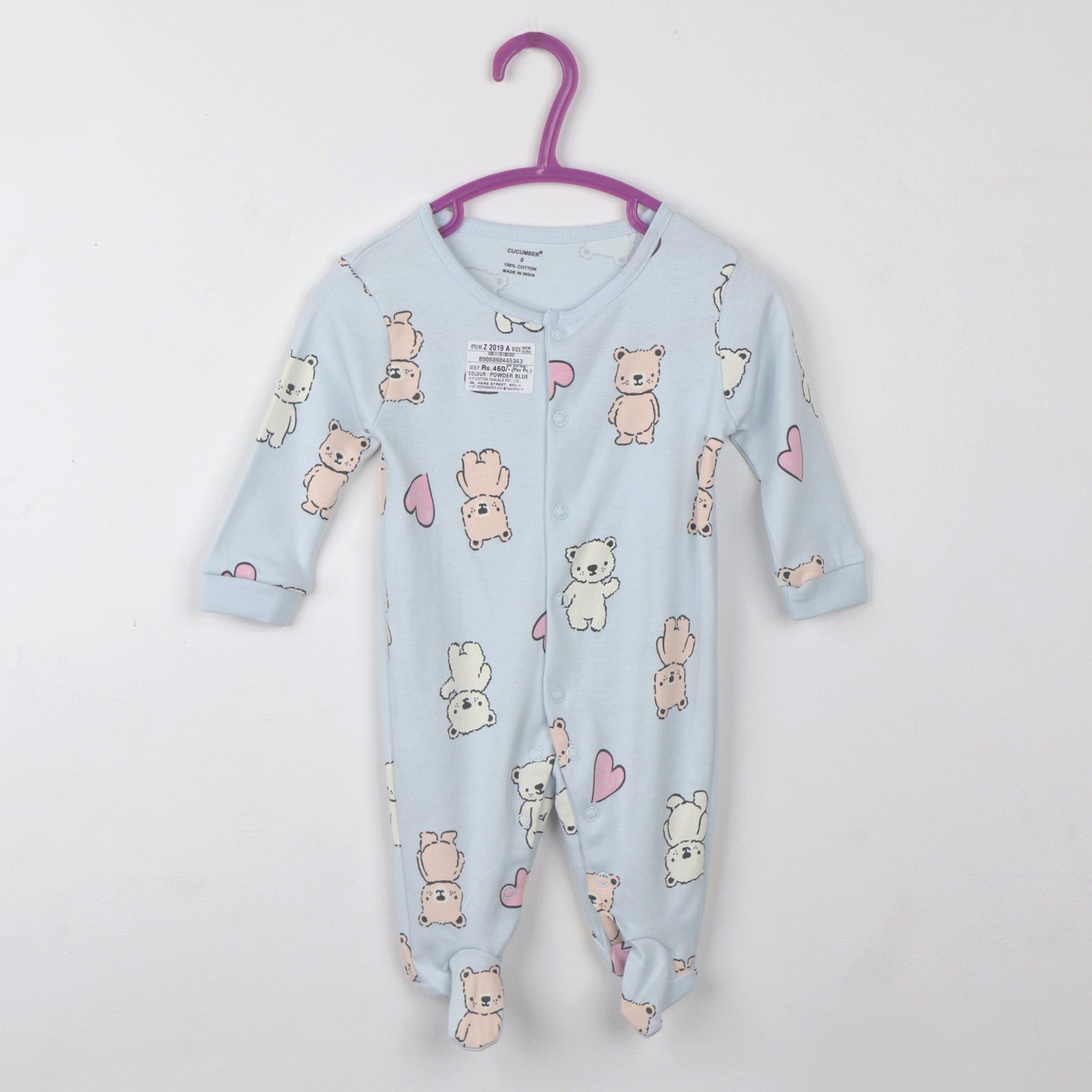 Cucumber Light Blue Full Length Romper | Snap Button Closure & All-Over Print Comfort