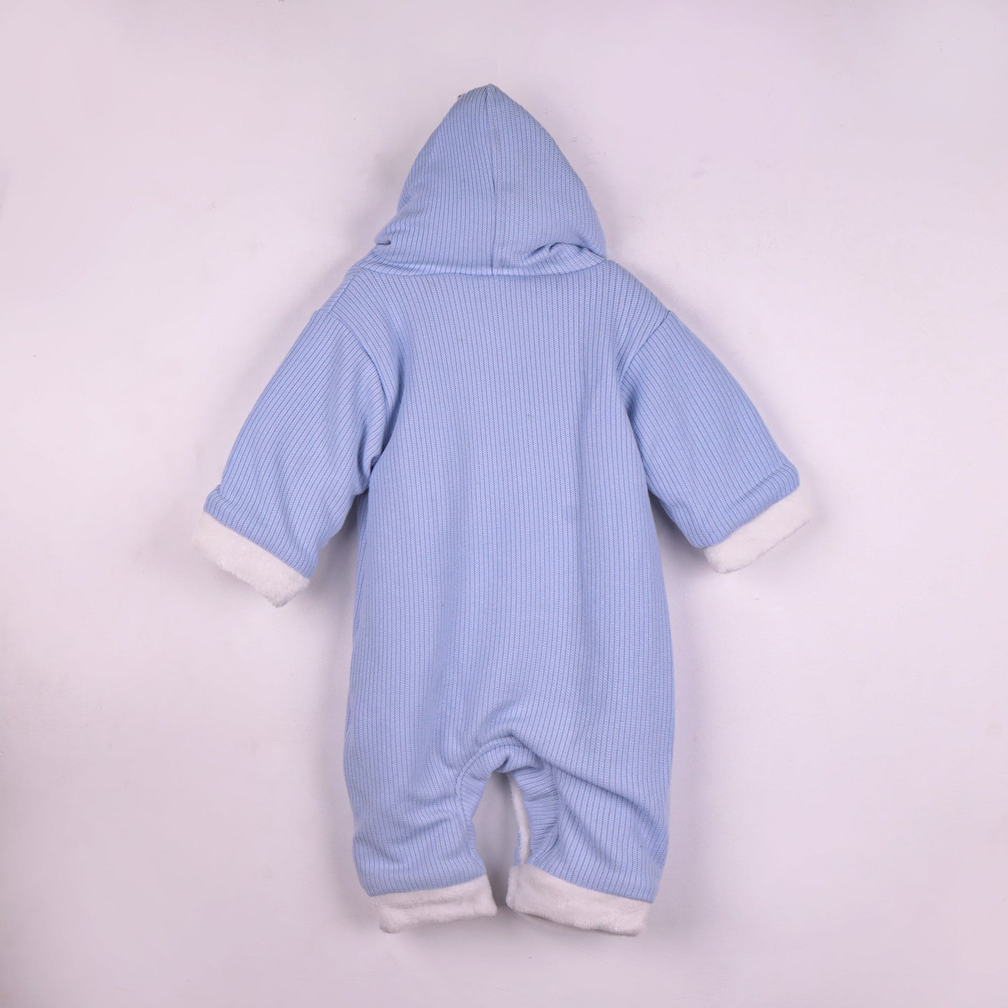 Snuggle & Style: Little Kangaroos Sky Blue Hooded Winter Romper with Applique