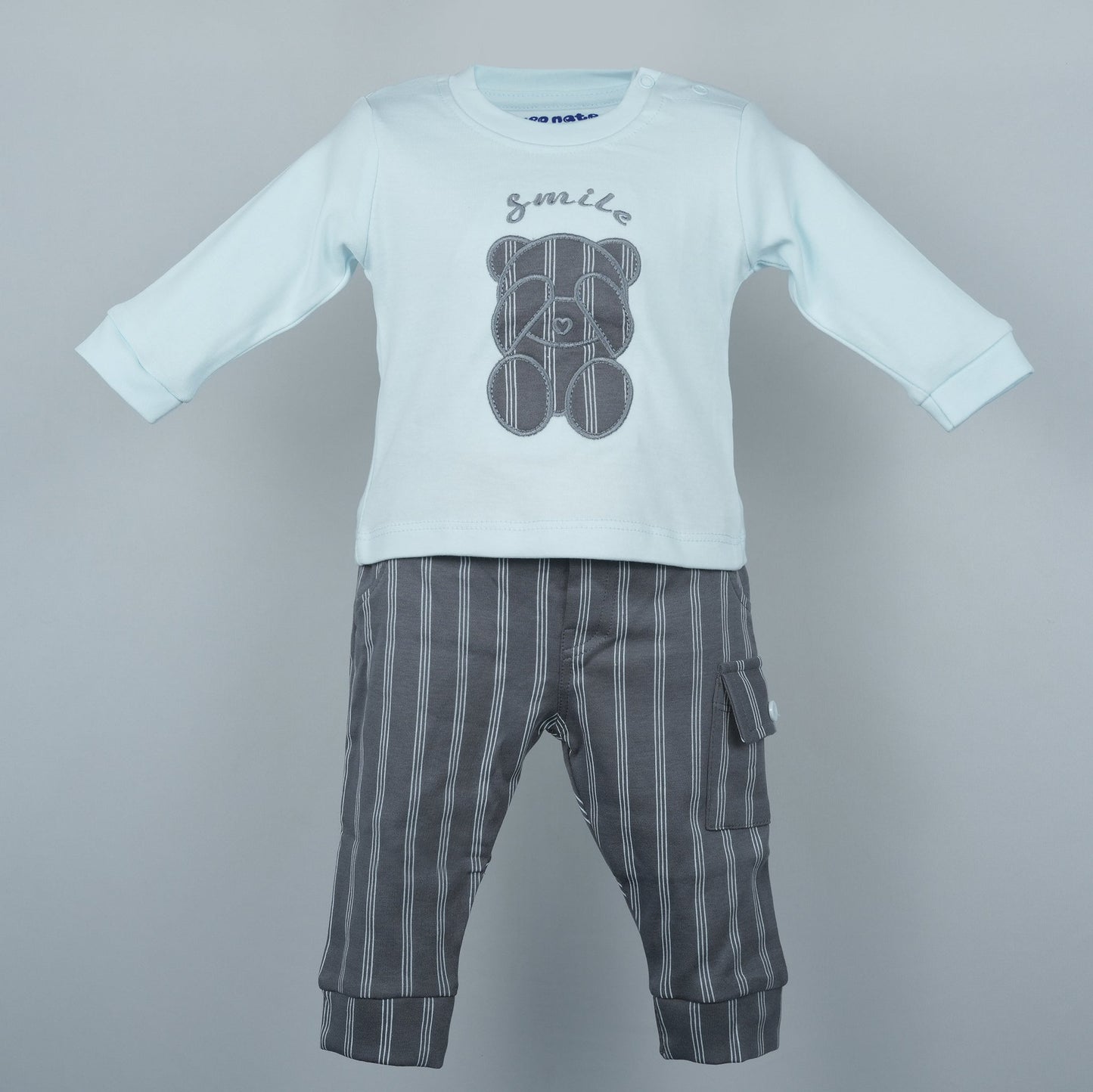Smart Outdoor Light Blue T-Shirt & Jogger Set for Kids | Neo Nate Embroidered ‘SMILE